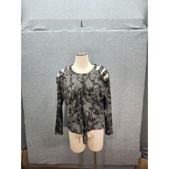 Cold Shoulder Black & White Paisley Long Sleeve Top By BCX - Size M - Picture 1 of 4
